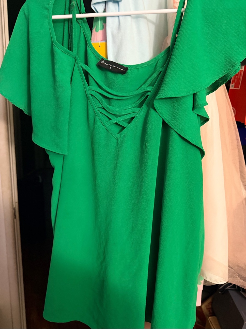 Express Green Flutter Sleeve Top with Lattice V-Neck